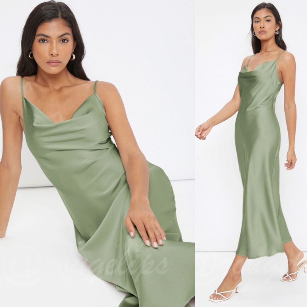 Green Satin Cami Dress Midi Adjustable Spaghetti Straps
